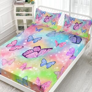 Datura home Bedding Fitted Sheet and Flat Sheet Set 4Pcs Colorful Rainbow Butterfly Printed Bedding Set with 1 Flat Sheet and 1 Fitted Sheet+2 Pillowcases for Girls (Rainbow Butterfly),Twin 67x97inch