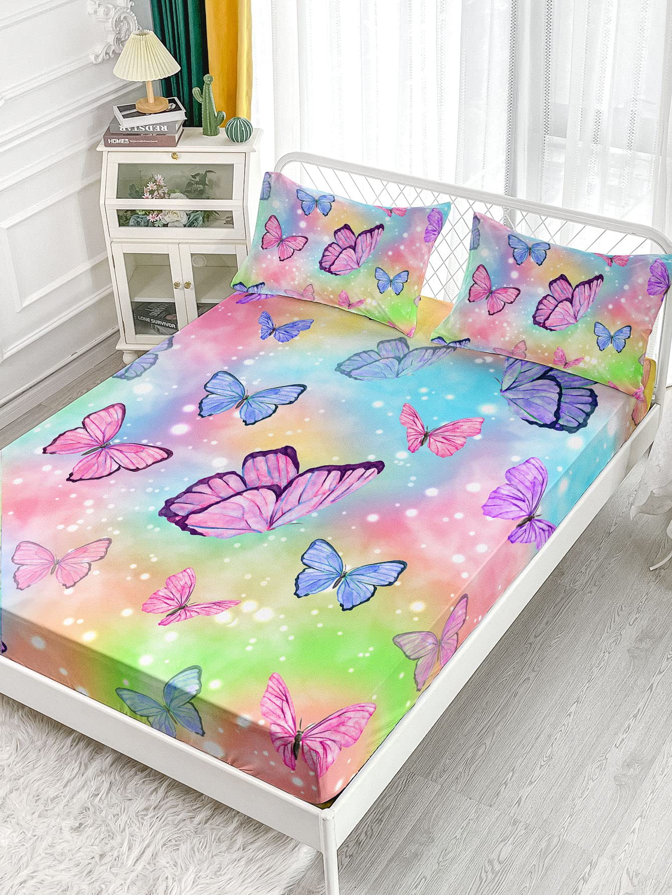 Datura home Bedding Fitted Sheet and Flat Sheet Set 4Pcs Colorful Rainbow Butterfly Printed Bedding Set with 1 Flat Sheet and 1 Fitted Sheet+2 Pillowcases for Girls (Rainbow Butterfly),Twin 67x97inch