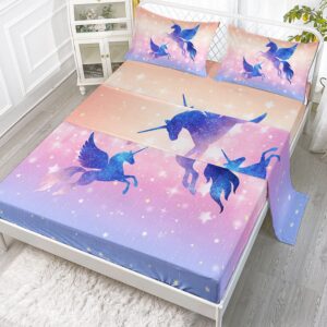 datura home bedding fitted sheet and flat sheet set 4pcs starry sky unicorn printed bedding set with 1 flat sheet and 1 fitted sheet + 2 pillowcases for girls (starry sky unicorn full),full 81x97 in