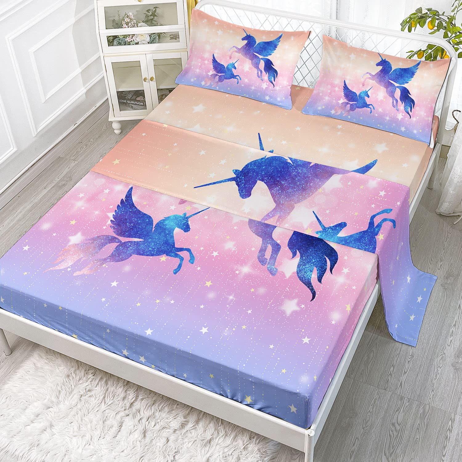 Datura home Bedding Fitted Sheet and Flat Sheet Set 4Pcs Starry Sky Unicorn Printed Bedding Set with 1 Flat Sheet and 1 Fitted Sheet + 2 Pillowcases for Girls (Starry Sky Unicorn Full),Full 81x97 in