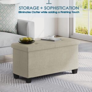 Storage Ottoman Bench with Storage Bins, 30-In Storage Bench for Bedroom End of Bed, Folding Foot Rest Ottoman with Storage for Living Room, Storage Chest Max 660lbs, Linen Fabric Ivory Ottoman