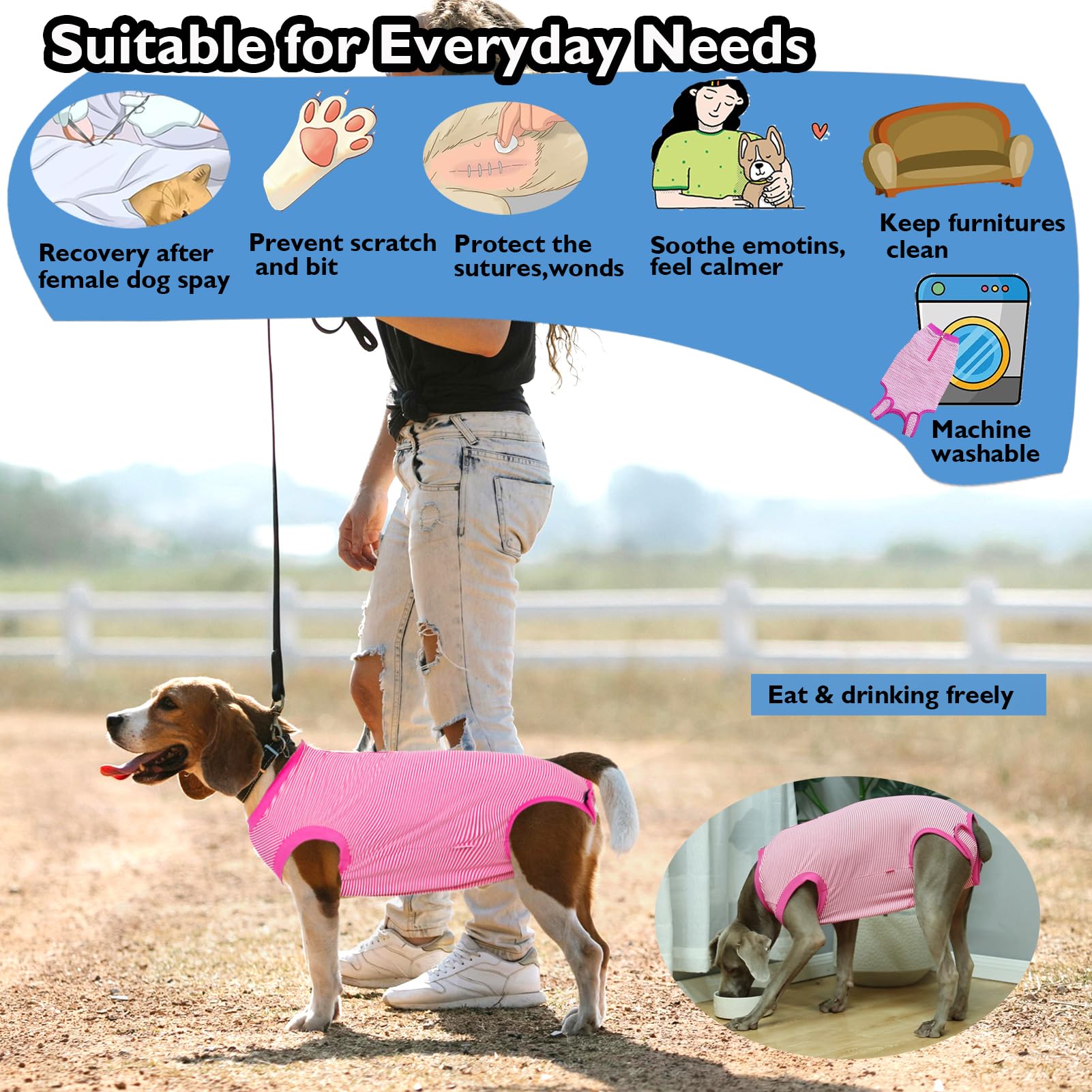 Wabdhally Dog Surgery Recovery Suit,Surgical Suit for Large Female Spay,Soft Combed Cotton,Rose Striped Zipper Onesie L