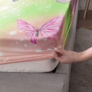 Datura home Bedding Fitted Sheet and Flat Sheet Set 4Pcs Colorful Rainbow Butterfly Printed Bedding Set with 1 Flat Sheet and 1 Fitted Sheet+2 Pillowcases for Girls (Rainbow Butterfly),Twin 67x97inch