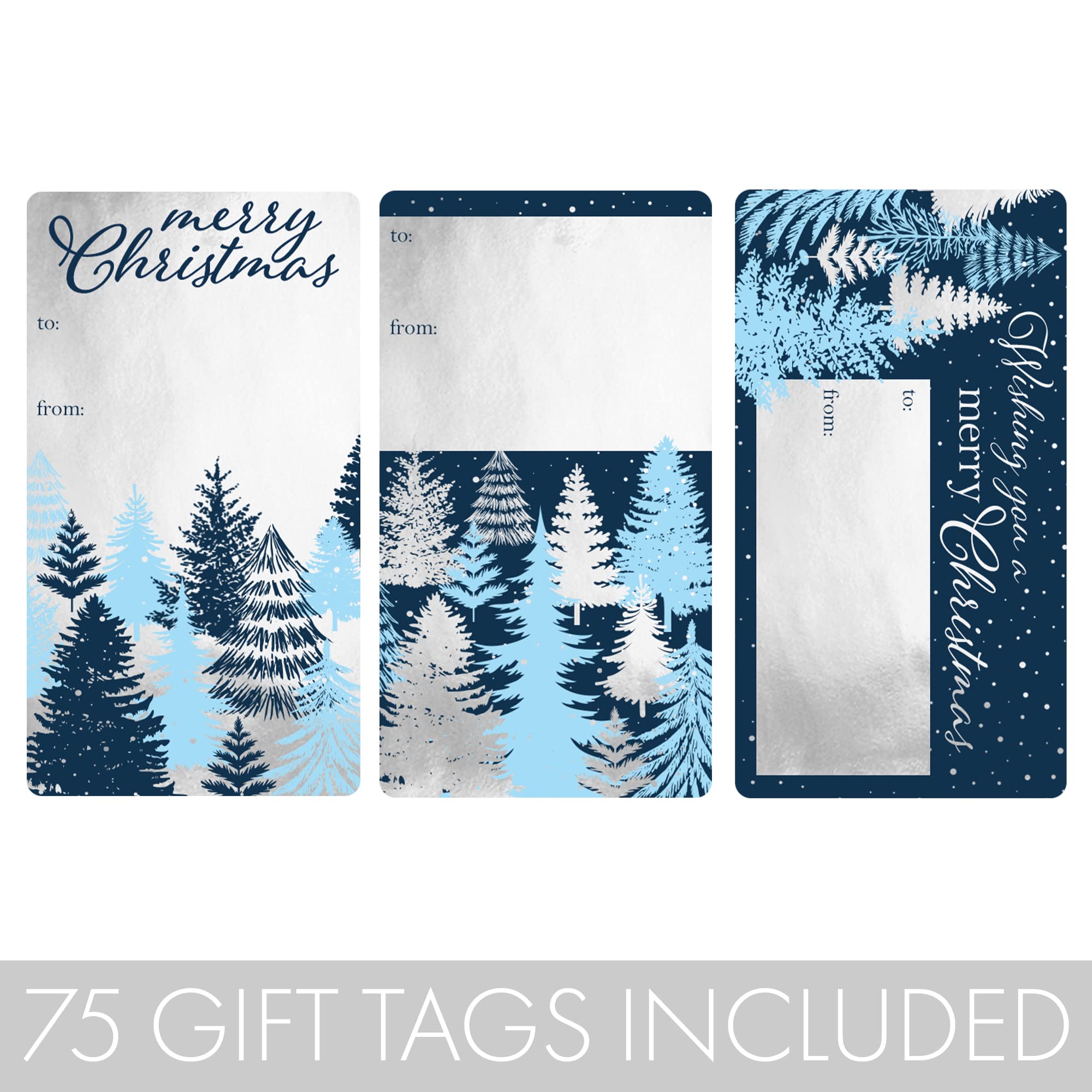 Silver Foil and Blue Christmas Tags, 75 Count, Blue and Silver Christmas Tree Gift Wrap Tags, Self Adhesive Peel and Stick Christmas Gift Tags, Blue Wrapping Paper Supplies