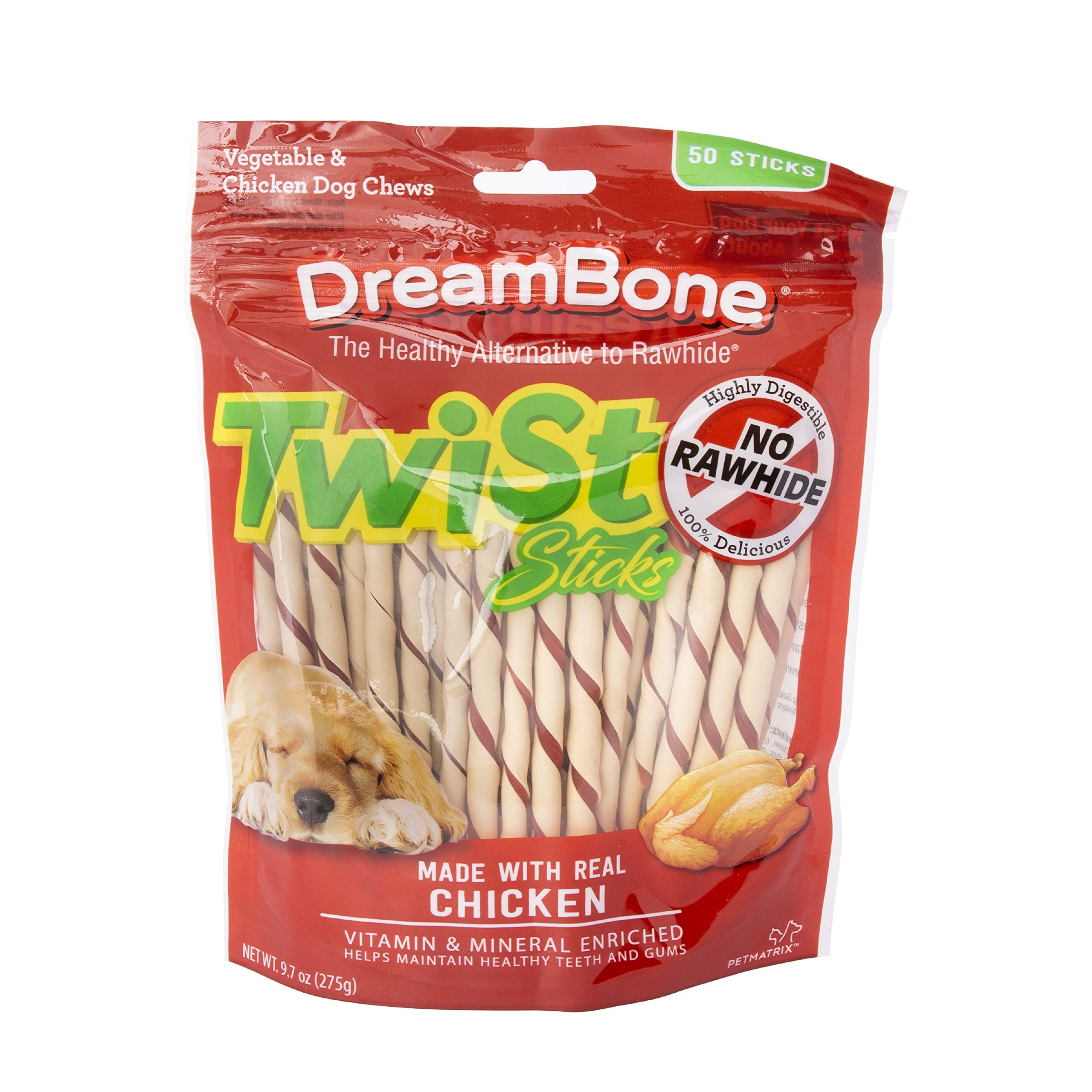 Dingo Twist Sticks Rawhide Chews, Made with Real Chicken, 50 Count and DreamBone Twist Sticks, Made with Real Chicken, Rawhide-Free Chews for Dogs, 50 Count