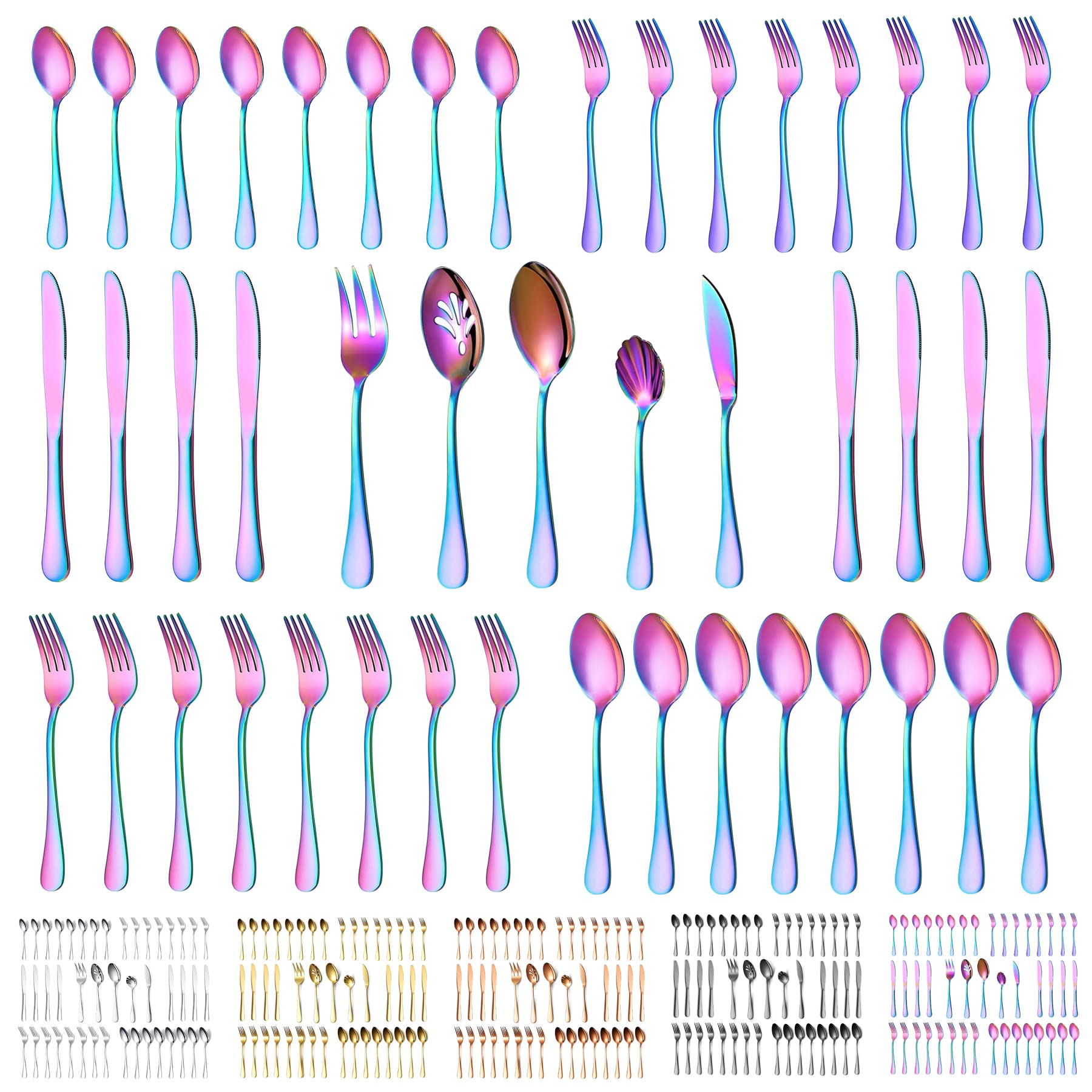 Kyraton Rainbow Silverware Set 45 Pieces Service for 8, Titanium Colorful Plating Flatware Sets Cutlery Set, Spoons and Forks Silverware Dishwasher Safe, First Apartment Must Haves Utensils Set