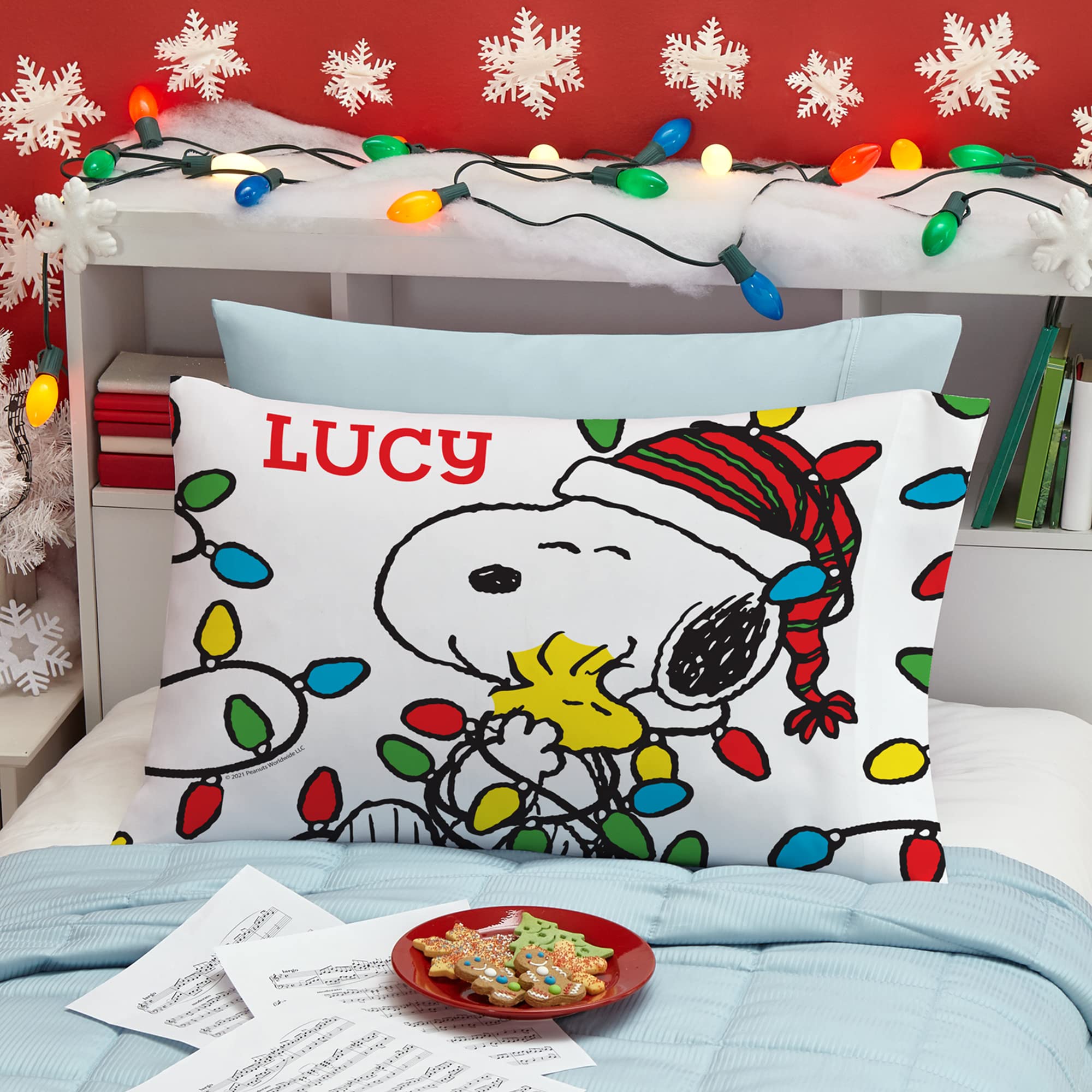 Let's Make Memories Personalized PEANUTS Lots of Lights Christmas Pillowcase - Plush