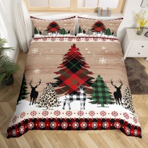 kids christmas duvet cover set queen size,deer pine snowflake bedding set,girls boys adults room/xmas cabin decor,brown wooden plank comforter cover,rustic farmhouse quilt cover,3pcs,2 pillowcases