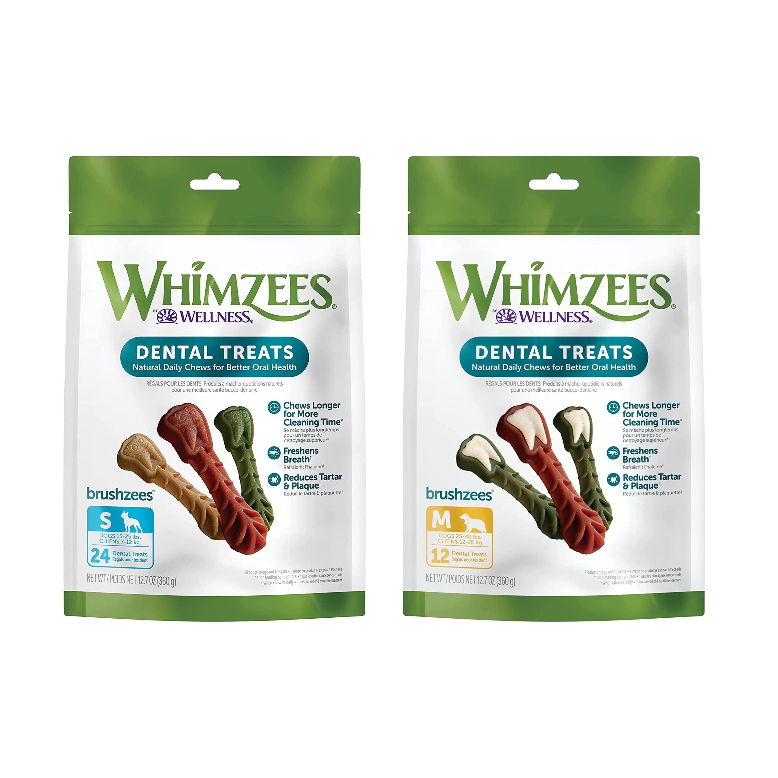 Whimzees by Wellness Brushzees Small + Medium Size Bundle, Natural Dental Chews for Dogs, Grain-Free, 24 Count of Small Size + 12 Count of Medium