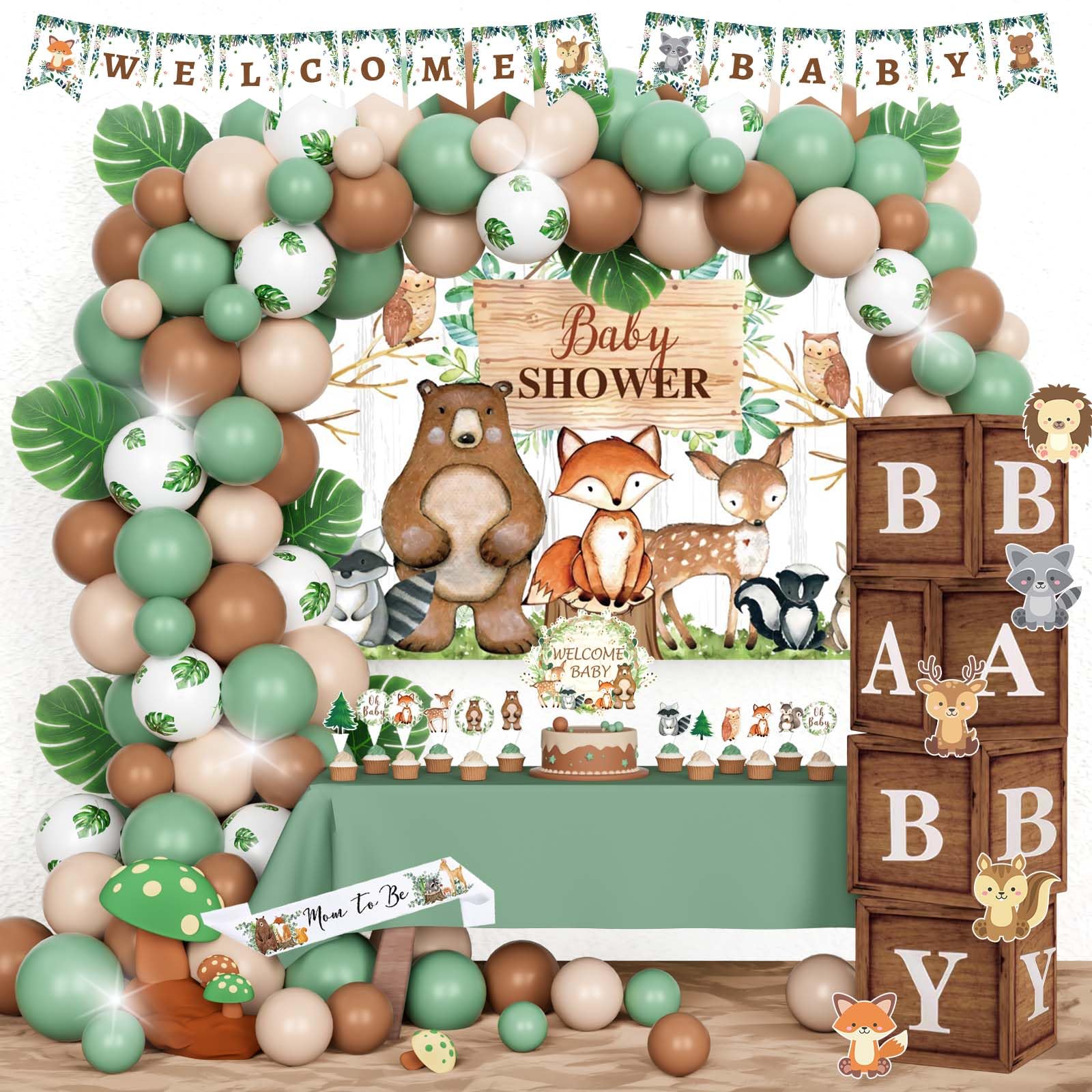 Hombae Woodland Baby Shower Decorations, Baby Shower Decorations for Boy, Forest Animal Gender Neutral Baby Shower Decorations Backdrop Balloon Leaf Banner Box Cutout Cake Cupcake Topper Sash Brown