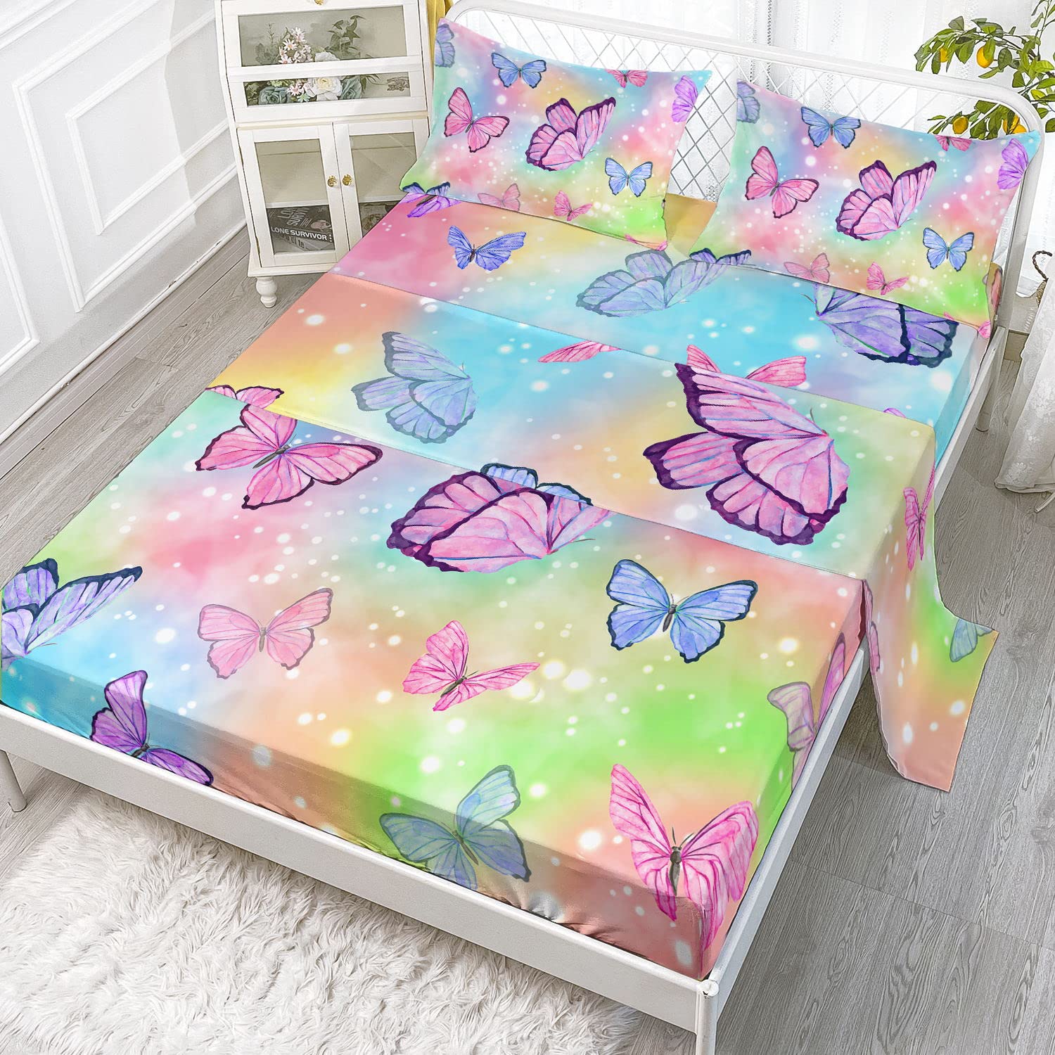 Datura home Bedding Fitted Sheet and Flat Sheet Set 4Pcs Colorful Rainbow Butterfly Printed Bedding Set with 1 Flat Sheet and 1 Fitted Sheet+2 Pillowcases for Girls (Rainbow Butterfly),Twin 67x97inch