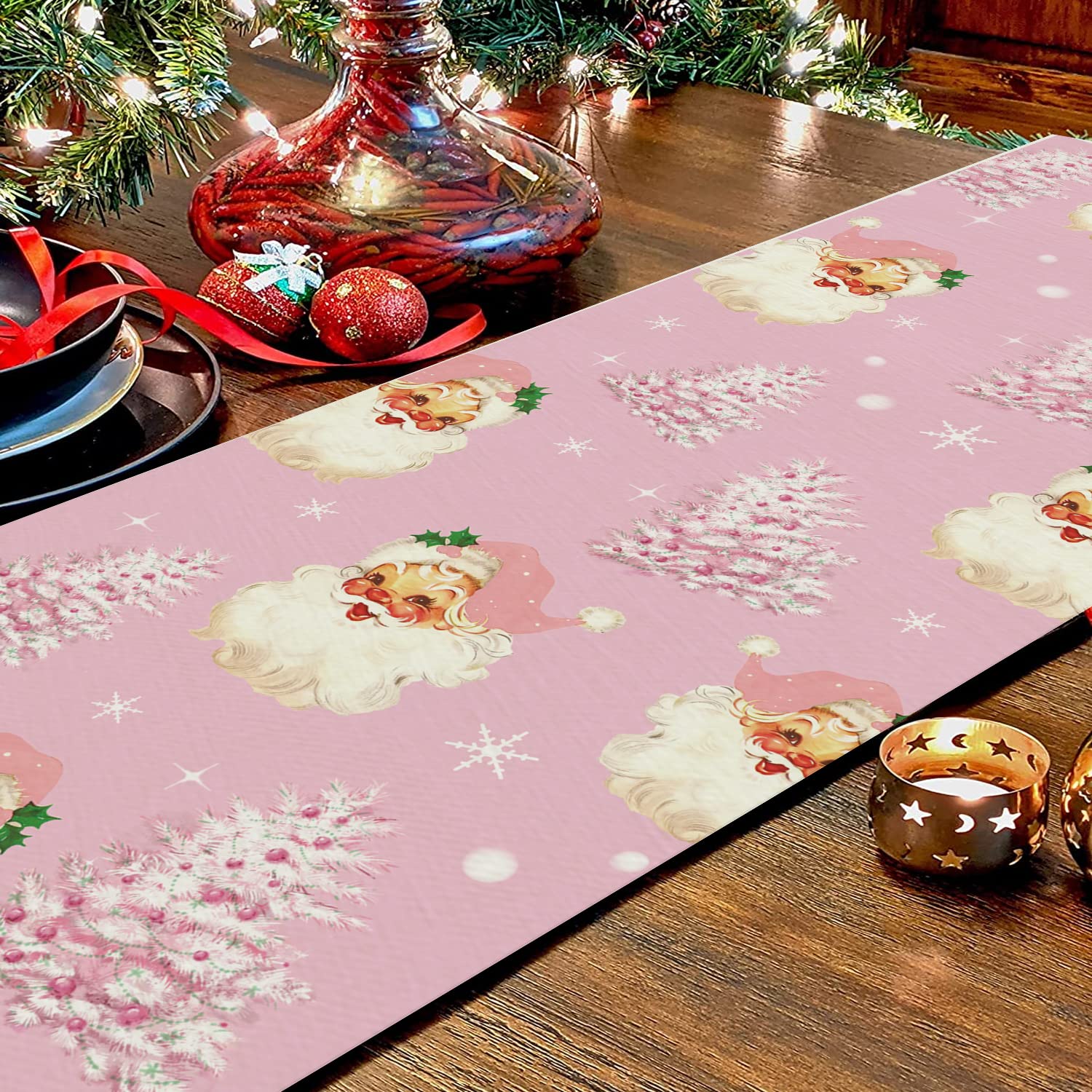 Christmas Table Runner Santa Claus Merry Christmas Tree Snowflake Pink Long Runners for Winter Xmas Home Kitchen Dining Party Decor 13 x 72 Inch