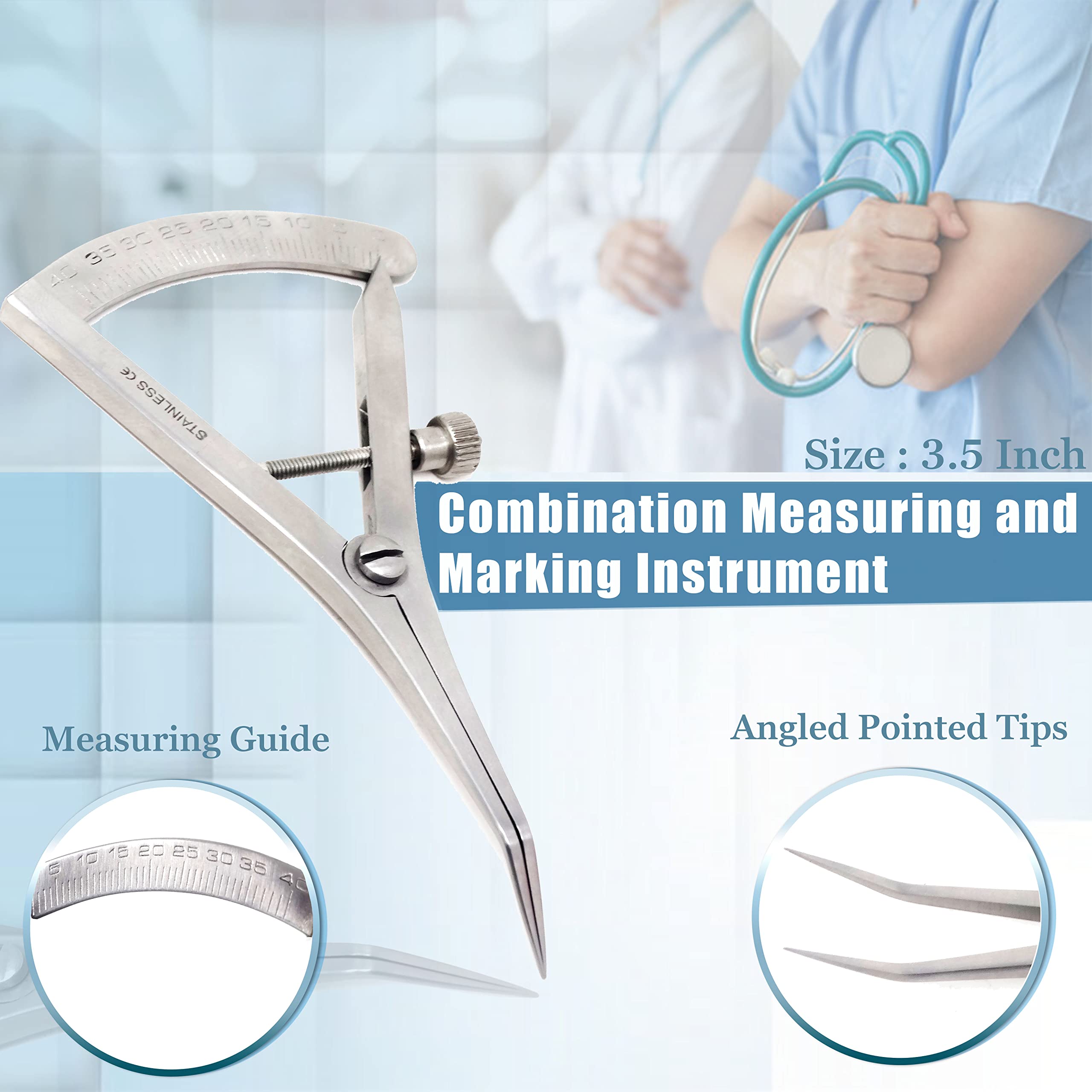 A2Z CASTROVIEJO Caliper Measuring & Marking Device with Graduated 0-40mm Scale and Adjustable Thumbscrew, Stainless Steel Orthopedic Ophthalmic Surgical Medical Measuring Instrument (3.5" Angled)