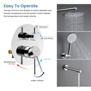 KIBI Circular Bathroom Shower System | 3-Function Wall Mounted Shower Faucet Set with Solid Brass Pressure Balanced Valve | Three Hand Shower Modes | 15-inch Long Shower Arm | Chrome Finish (KSF404)