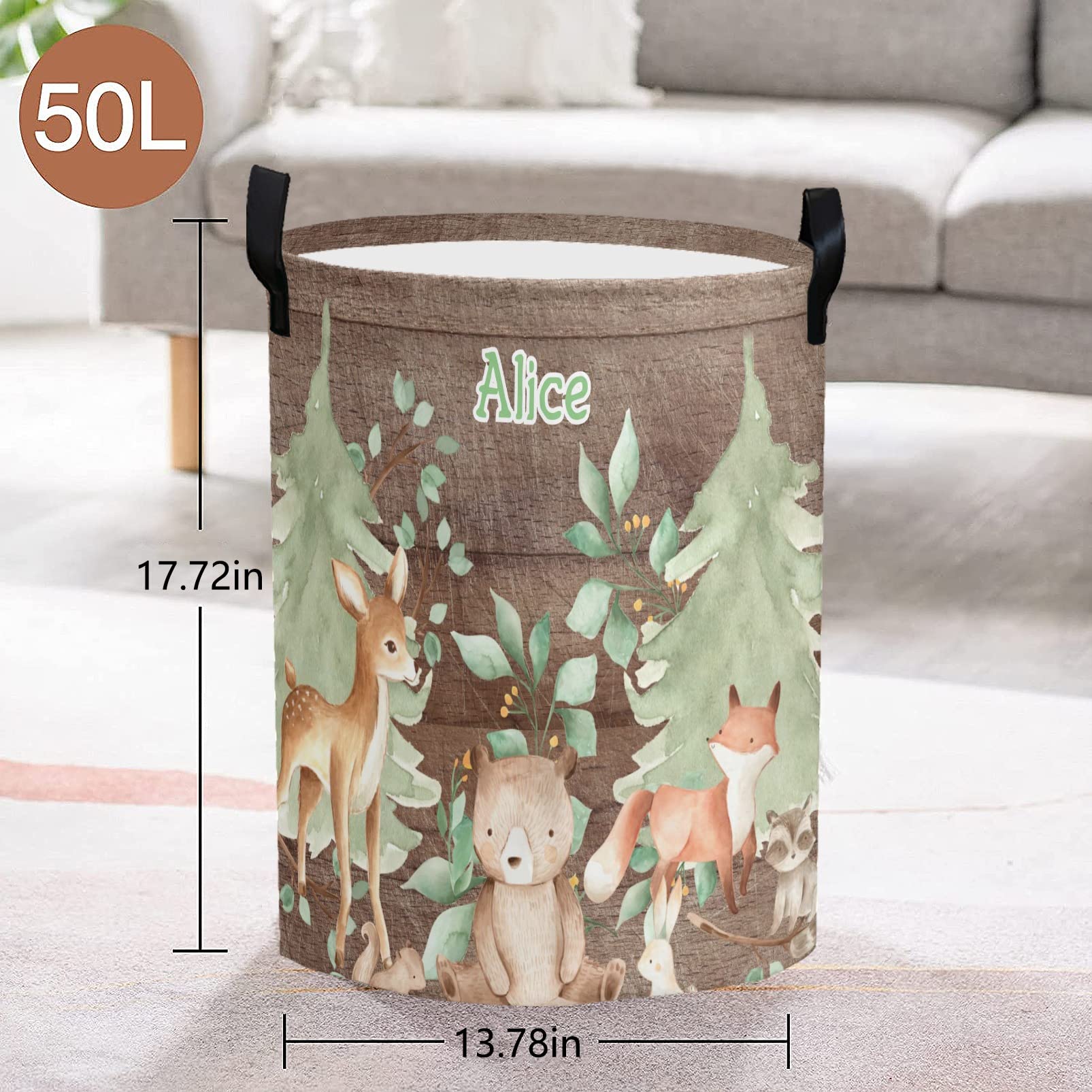 zaaprintblanket Laundry Basket Customized Name Organizer Storage Round Baskets Foldable Laundry Hamper with Handle for Nursery Bedroom Decor (Woodland Tree Animals)