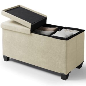 storage ottoman bench with storage bins, 30-in storage bench for bedroom end of bed, folding foot rest ottoman with storage for living room, storage chest max 660lbs, linen fabric ivory ottoman