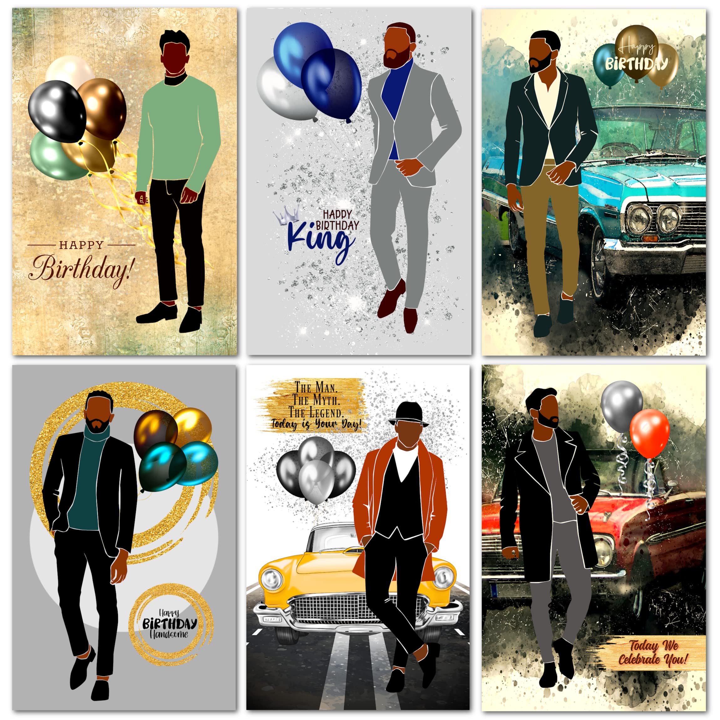 6 Pack African American Birthday Greeting Cards, Masculine Birthday Card, Black Men King Happy Birthday card for Husband