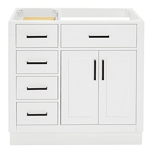 ARIEL Hepburn Bathroom Vanity Base Cabinet 36" White, Right Offset Sink Configuration, 2 Soft Closing Doors, 5 Full Extension Dovetail Drawers, Toe Kick, Matte Black