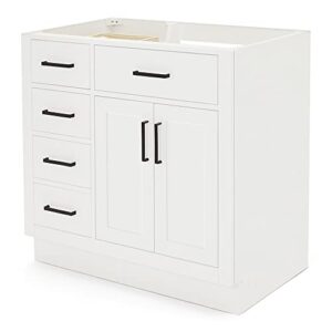 ARIEL Hepburn Bathroom Vanity Base Cabinet 36" White, Right Offset Sink Configuration, 2 Soft Closing Doors, 5 Full Extension Dovetail Drawers, Toe Kick, Matte Black