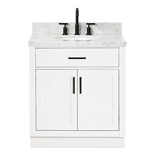 ARIEL Hepburn 31" Inch Oval Sink Vanity with 1.5" Edge Carrara White Countertop in White