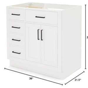 ARIEL Hepburn Bathroom Vanity Base Cabinet 36" White, Right Offset Sink Configuration, 2 Soft Closing Doors, 5 Full Extension Dovetail Drawers, Toe Kick, Matte Black