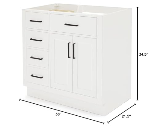 ARIEL Hepburn Bathroom Vanity Base Cabinet 36" White, Right Offset Sink Configuration, 2 Soft Closing Doors, 5 Full Extension Dovetail Drawers, Toe Kick, Matte Black