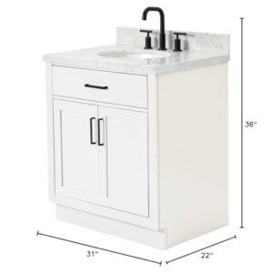 ARIEL Hepburn 31" Inch Oval Sink Vanity with 1.5" Edge Carrara White Countertop in White