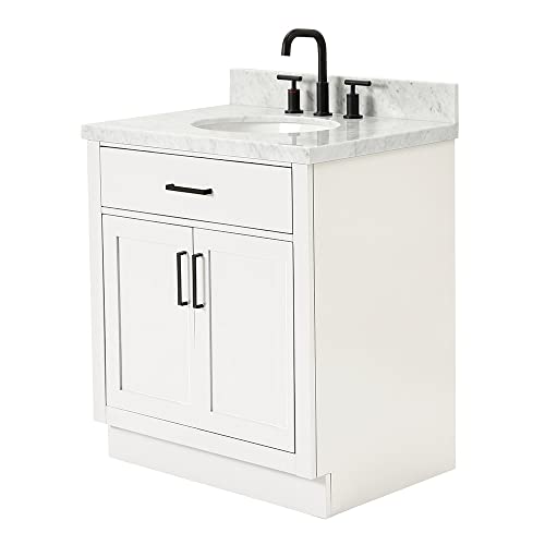 ARIEL Hepburn 31" Inch Oval Sink Vanity with 1.5" Edge Carrara White Countertop in White