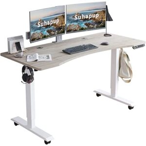 suhapup electric height adjustable computer desk,55x30 inches desk with memory controller corner standing desk modern workstation with ergonomic desk light oak splice board/white frame