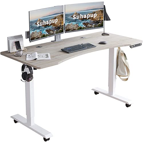 Suhapup Electric Height Adjustable Computer Desk,55x30 inches Desk with Memory Controller Corner Standing Desk Modern Workstation with Ergonomic Desk Light Oak Splice Board/White Frame