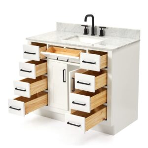 ARIEL Hepburn 43 Inch Single Sink Bathroom Vanity in White, Italian Carrara Marble Top, Solid Wood, Rectangular Sink, 2 Soft Closing Doors, 9 Full Extension Dovetail Drawers, Toe Kick