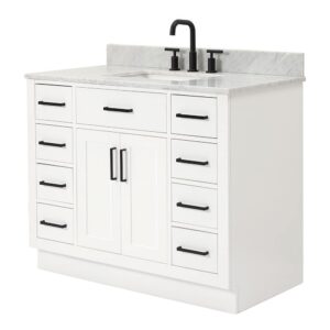 ARIEL Hepburn 43 Inch Single Sink Bathroom Vanity in White, Italian Carrara Marble Top, Solid Wood, Rectangular Sink, 2 Soft Closing Doors, 9 Full Extension Dovetail Drawers, Toe Kick