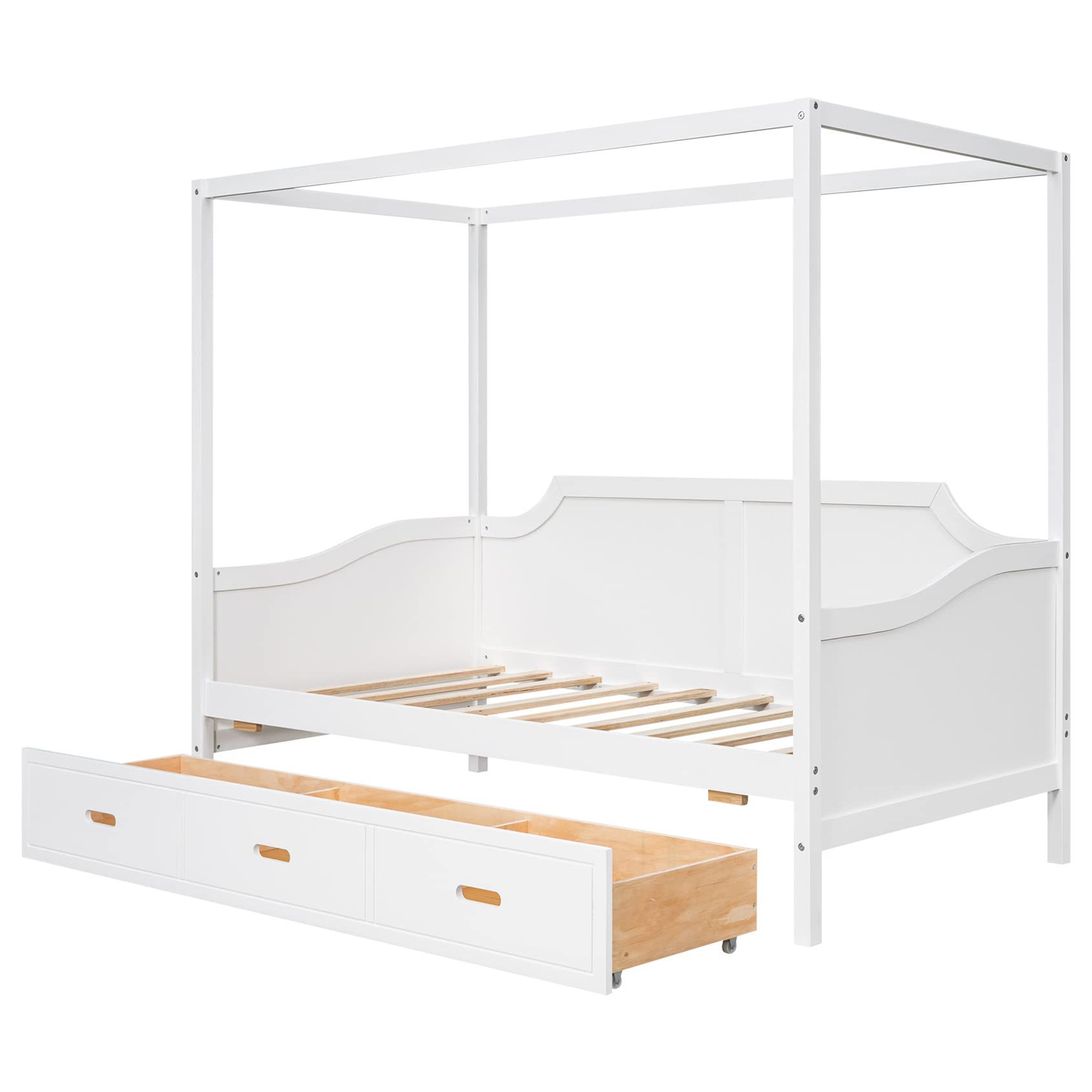 Bellemave Twin Canopy Beds Wood Daybed with Storage Drawer Modern 4-Poster Beds Twin Size for Kids Boys Girls Teens, White