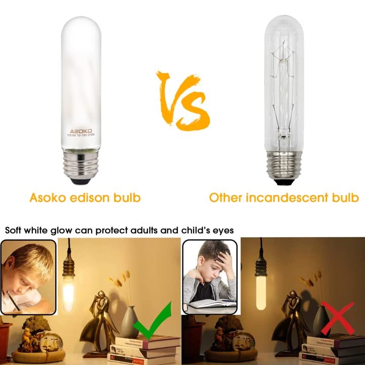 ASOKO T10 LED Frosted Bulbs Warm White 2700K LED Tubular Edison Light Bulbs 6W Dimmable Tube Vintage Led Bulbs 60 Watt Equivalent,E26 Medium Base 6 Packs