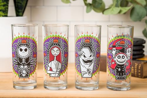 Silver Buffalo Disney Tim Burton Nightmare Before Christmas Day of the Dead Design 4 Pack Tumbler Glass Set, 10 Ounces