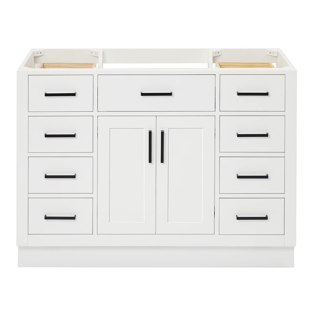 ARIEL Hepburn Bathroom Vanity Base Cabinet 48" White, Single Sink Configuration, 2 Soft Closing Doors, 9 Full Extension Dovetail Drawers, Toe Kick, Matte Black