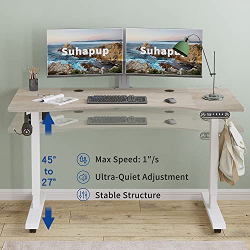 Suhapup Electric Height Adjustable Computer Desk,55x30 inches Desk with Memory Controller Corner Standing Desk Modern Workstation with Ergonomic Desk Light Oak Splice Board/White Frame