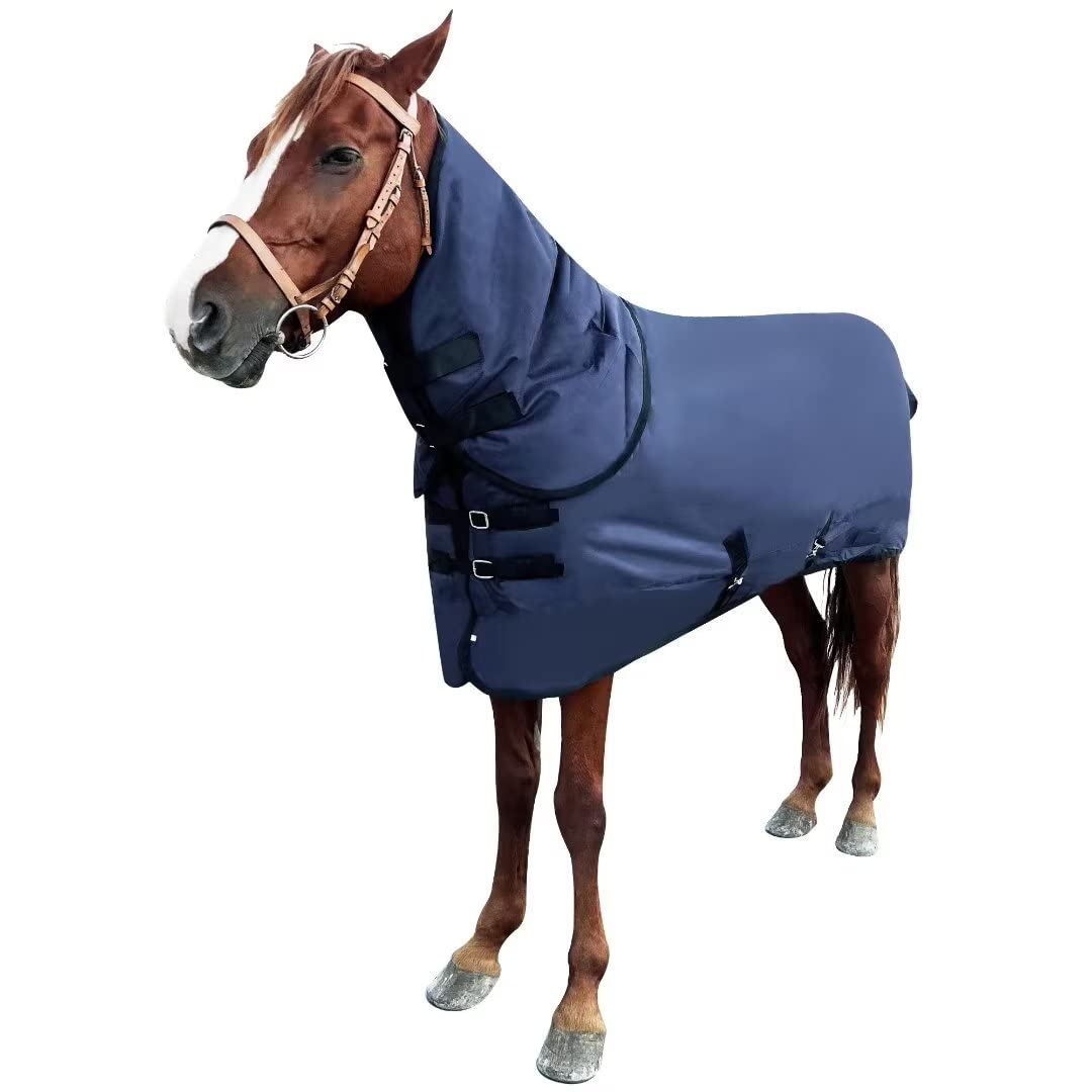 Waterproof Horse Turnout Blanket，Medium Weight Winter HorseTurnout Blanket (220g Fill) with Detachable Neck Cover，Blanket for Horse - Blue - 72 in