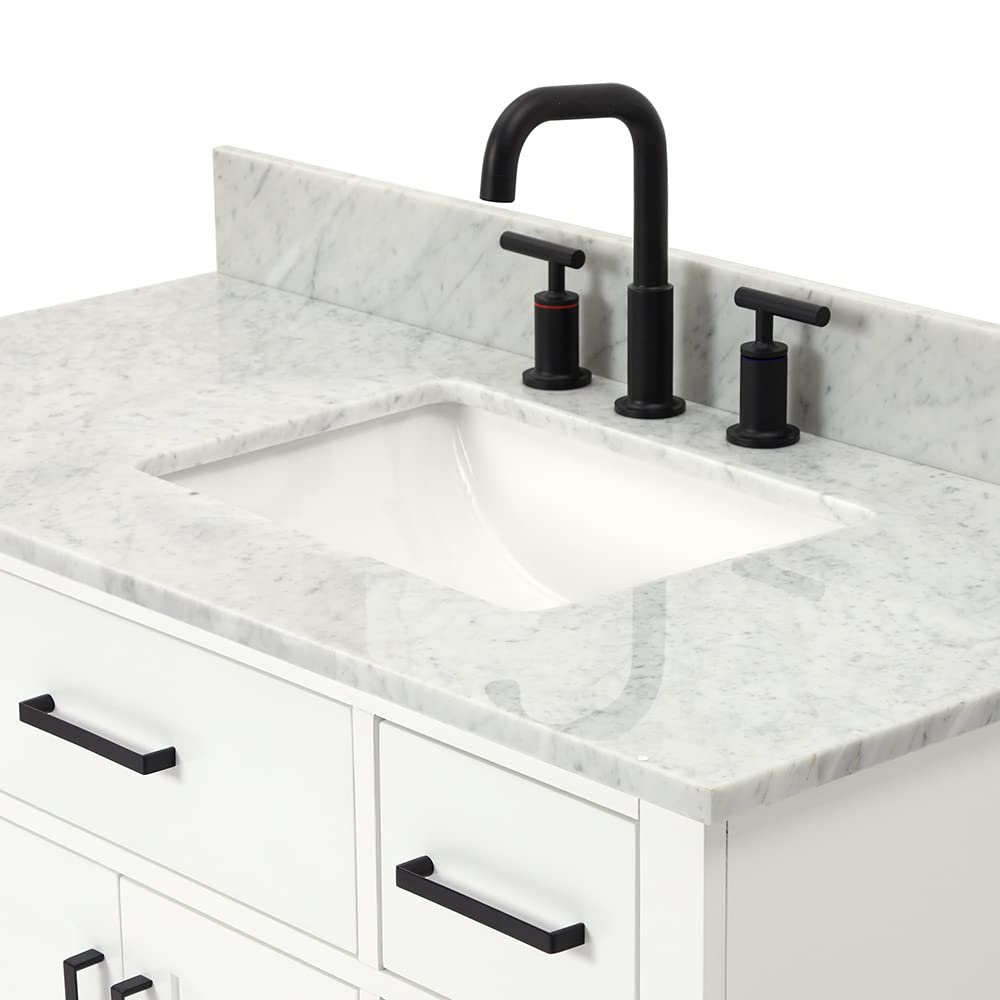 ARIEL Hepburn 43 Inch Single Sink Bathroom Vanity in White, Italian Carrara Marble Top, Solid Wood, Rectangular Sink, 2 Soft Closing Doors, 9 Full Extension Dovetail Drawers, Toe Kick