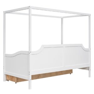 Bellemave Twin Canopy Beds Wood Daybed with Storage Drawer Modern 4-Poster Beds Twin Size for Kids Boys Girls Teens, White