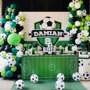 Soccer Balloon Arch Kit Boys, Green Balloon Arch Kit with Football Trophy Balloons Dark Green Black White Latex Balloons Metallic Silver Balloons for Baby Shower Birthday Soccer Party Decorations