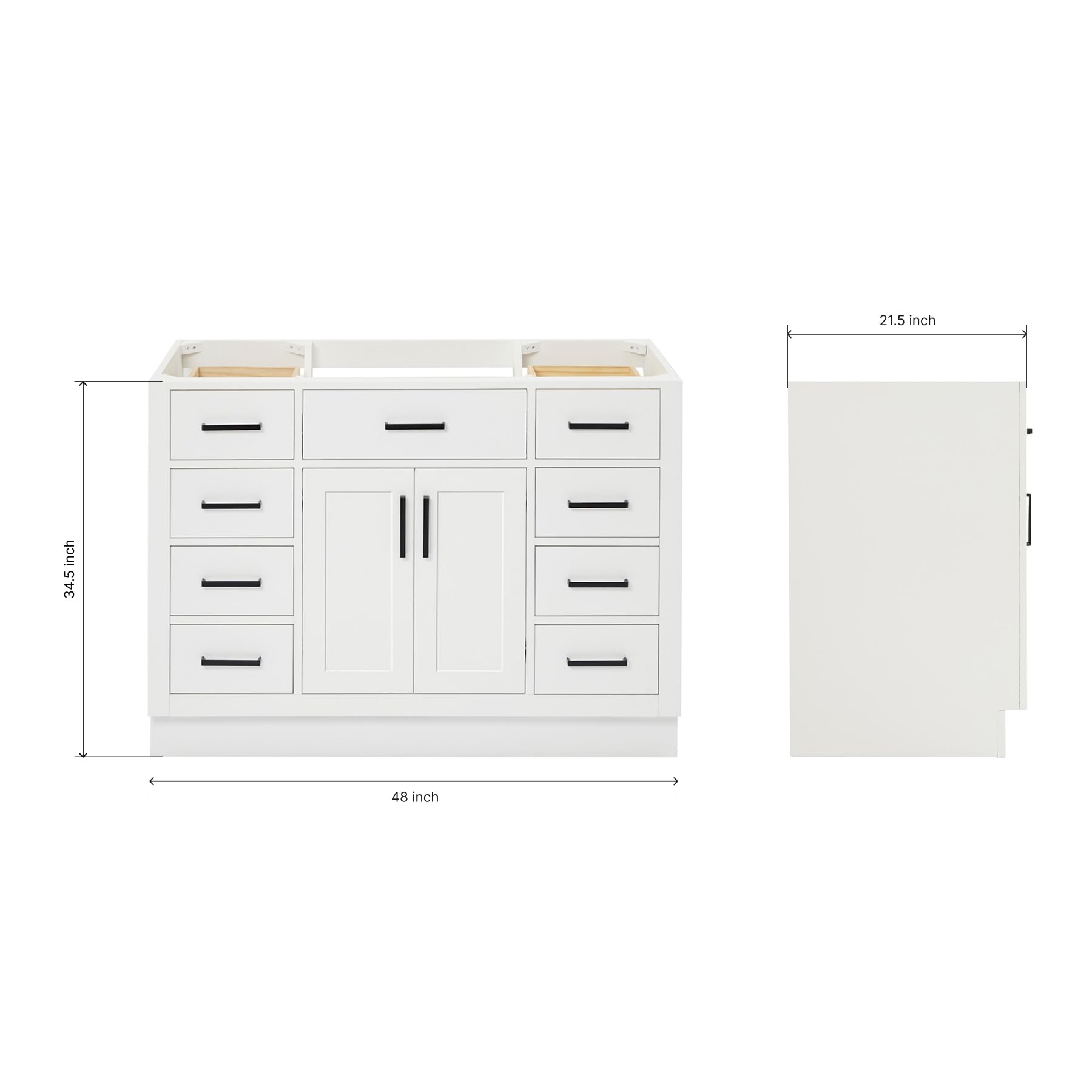 ARIEL Hepburn Bathroom Vanity Base Cabinet 48" White, Single Sink Configuration, 2 Soft Closing Doors, 9 Full Extension Dovetail Drawers, Toe Kick, Matte Black