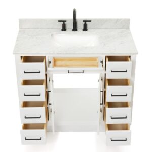 ARIEL Hepburn 43 Inch Single Sink Bathroom Vanity in White, Italian Carrara Marble Top, Solid Wood, Rectangular Sink, 2 Soft Closing Doors, 9 Full Extension Dovetail Drawers, Toe Kick