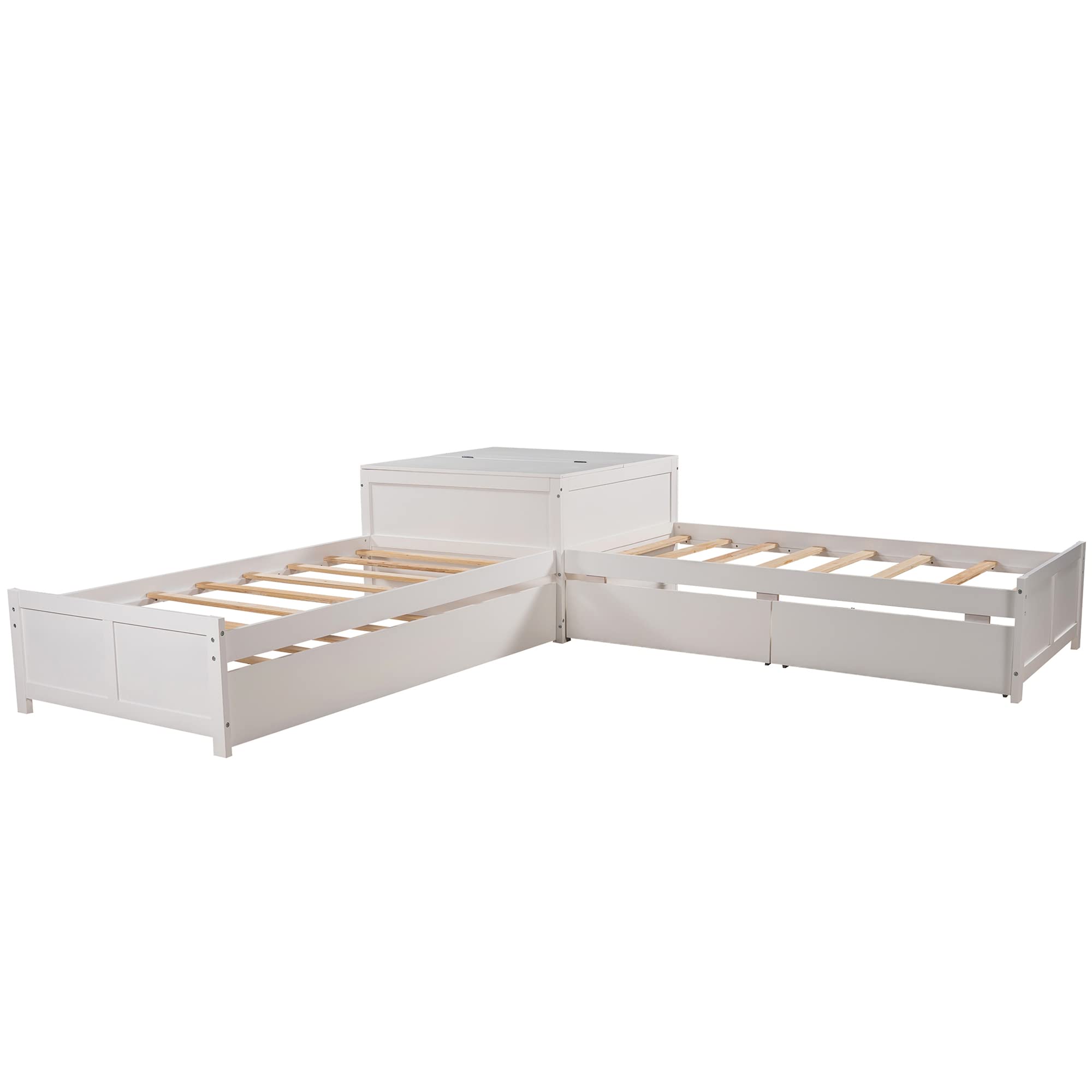 L-Shape Twin Beds 2 Platform Beds with Trundle and Storage Drawers Linked with Flip Square Table Wood Twin Size Corner Bed for 3 Kids, Teens, Boys, Girls, White