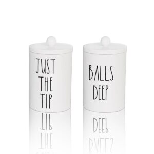 Farmhouse Apothecary Jars, Qtip & Cotton Ball Holder with Lids, Funny Rustic Cotton Swab Canisters for Bathroom Decor Storage Organization (White)