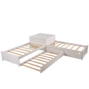 L-Shape Twin Beds 2 Platform Beds with Trundle and Storage Drawers Linked with Flip Square Table Wood Twin Size Corner Bed for 3 Kids, Teens, Boys, Girls, White