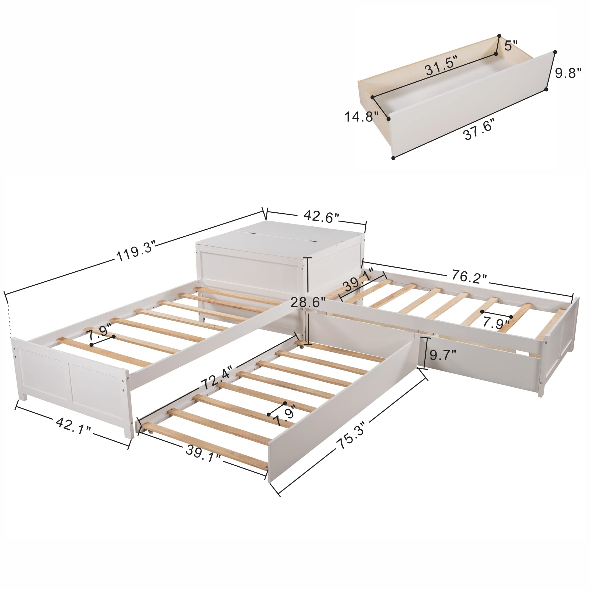 L-Shape Twin Beds 2 Platform Beds with Trundle and Storage Drawers Linked with Flip Square Table Wood Twin Size Corner Bed for 3 Kids, Teens, Boys, Girls, White