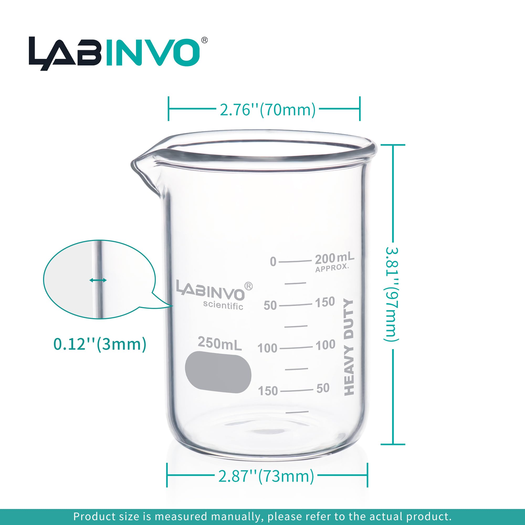 LABINVO Heavy-Duty Glass Beaker Set, 10pcs of Vol.250ml, 3.3 Borosilicate Glass, Thickened Beakers, with Double Scale, IN-HBK250B