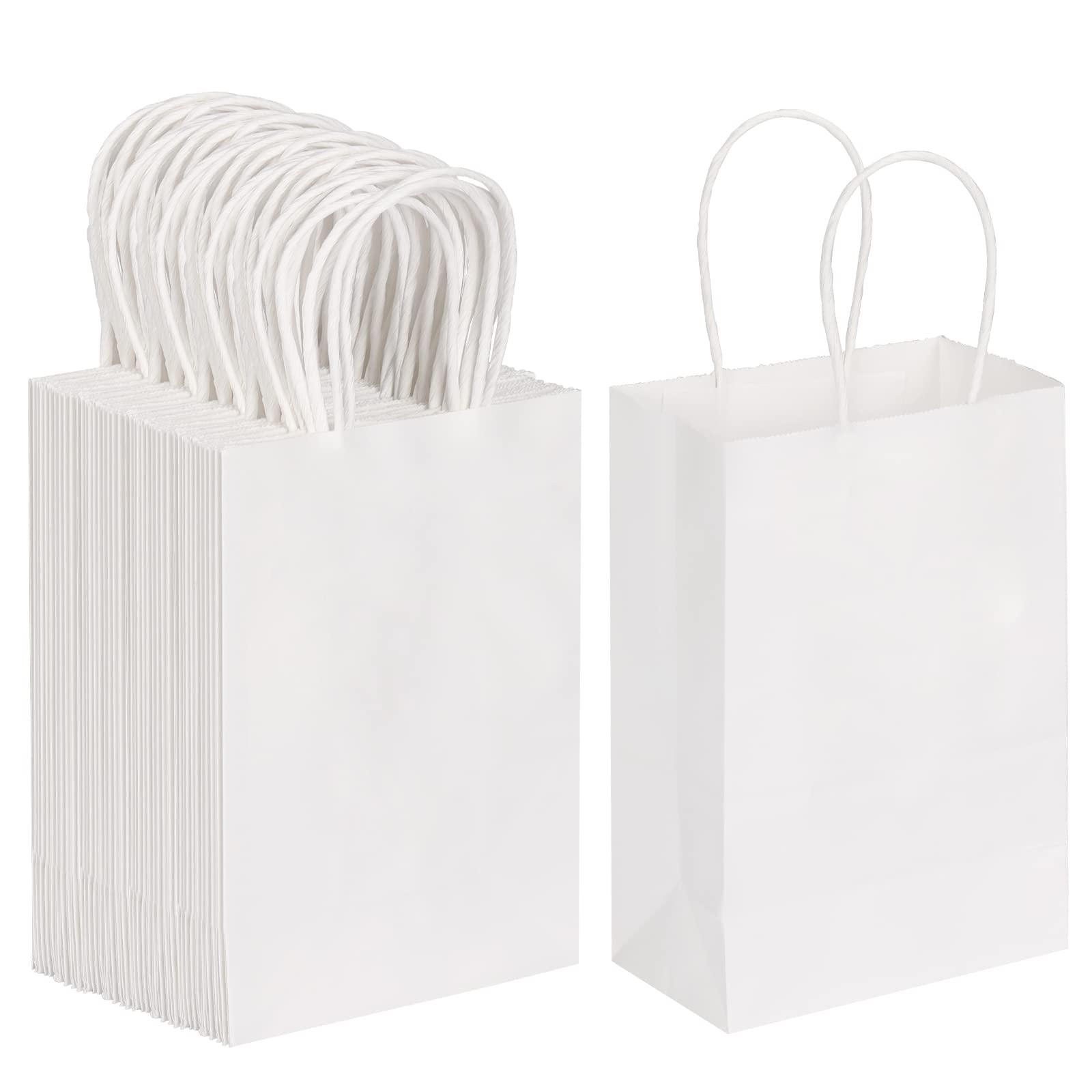 Moretoes 125pcs White Paper Bags with Handles 5.2x3.8x8 Inch, Kraft Small Gift Bags Bulk, Retail Bags, Shopping, Birthday Wedding Party Favor Bags, Merchandise Bags