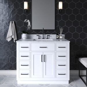 ariel hepburn 43 inch single sink bathroom vanity in white, italian carrara marble top, solid wood, rectangular sink, 2 soft closing doors, 9 full extension dovetail drawers, toe kick